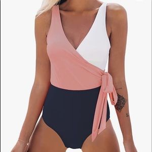 NEW Cupshe One Piece Color Block Tie Side Light Coral Navy Blue White XL NWT